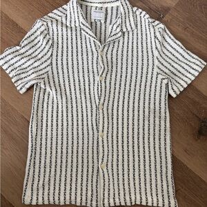 White Short-Sleeve Button-Down with Black Vertical Stripes